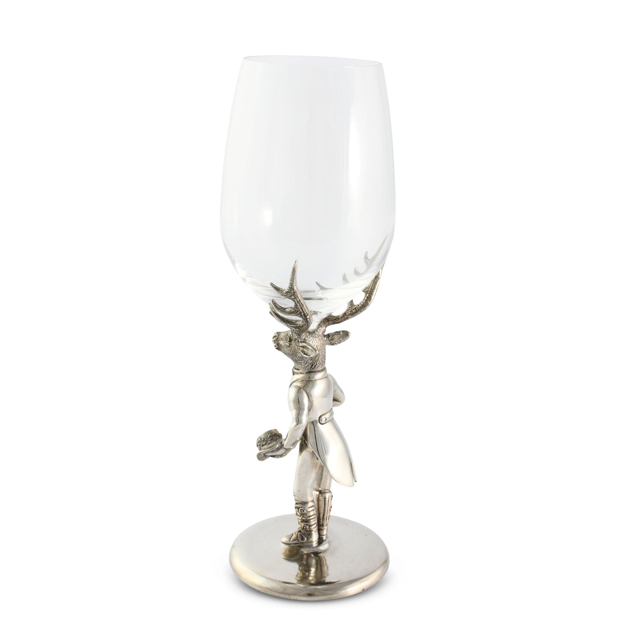 Clear wine glass with a silver deer stand on a white background