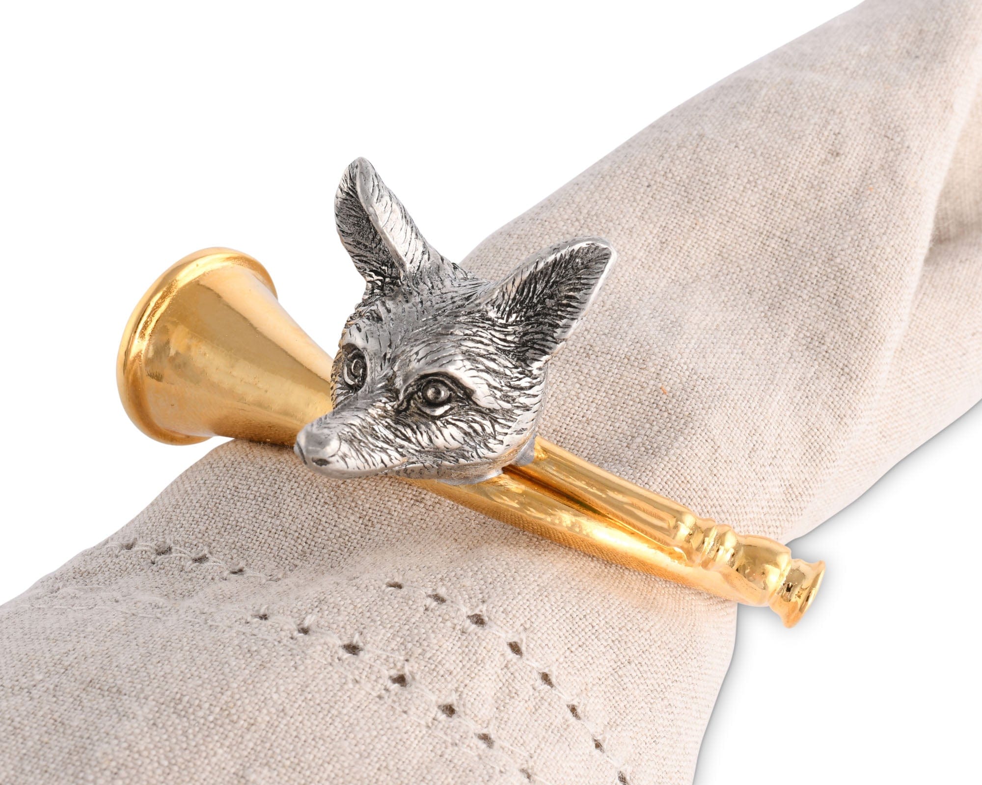 Napkin holder with pewter fox design on a beige napkin
