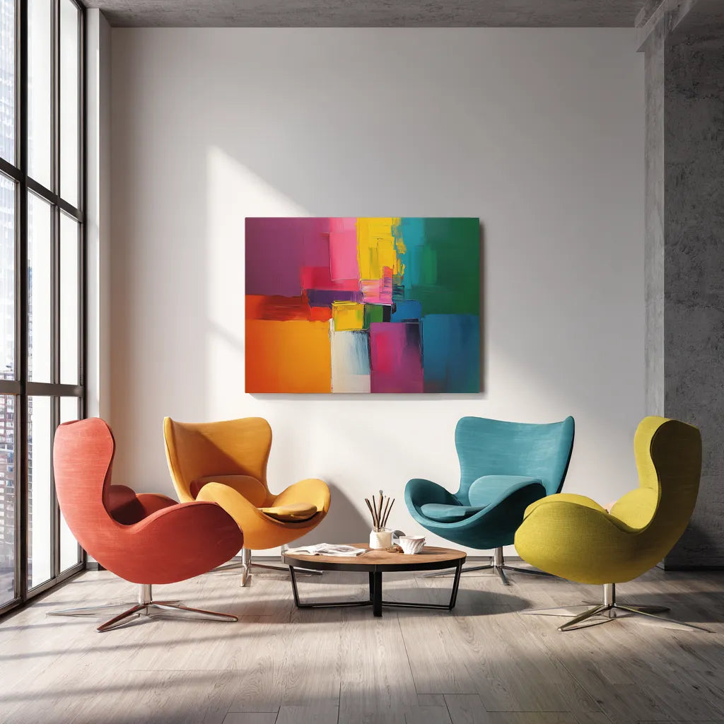 Modern living room with colorful chairs and a abstract painting on the wall.