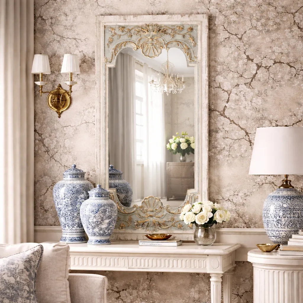 Decorative interior with ornate mirror, vases, and lamp in a room with patterned wallpaper.