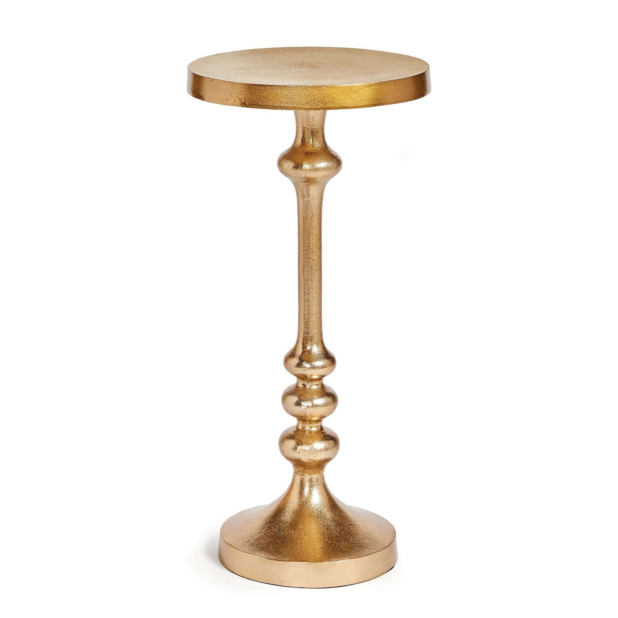Gold metallic side table on a white background