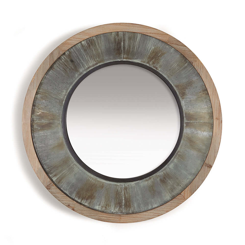 Round mirror with a wooden frame and metallic accents on a white background