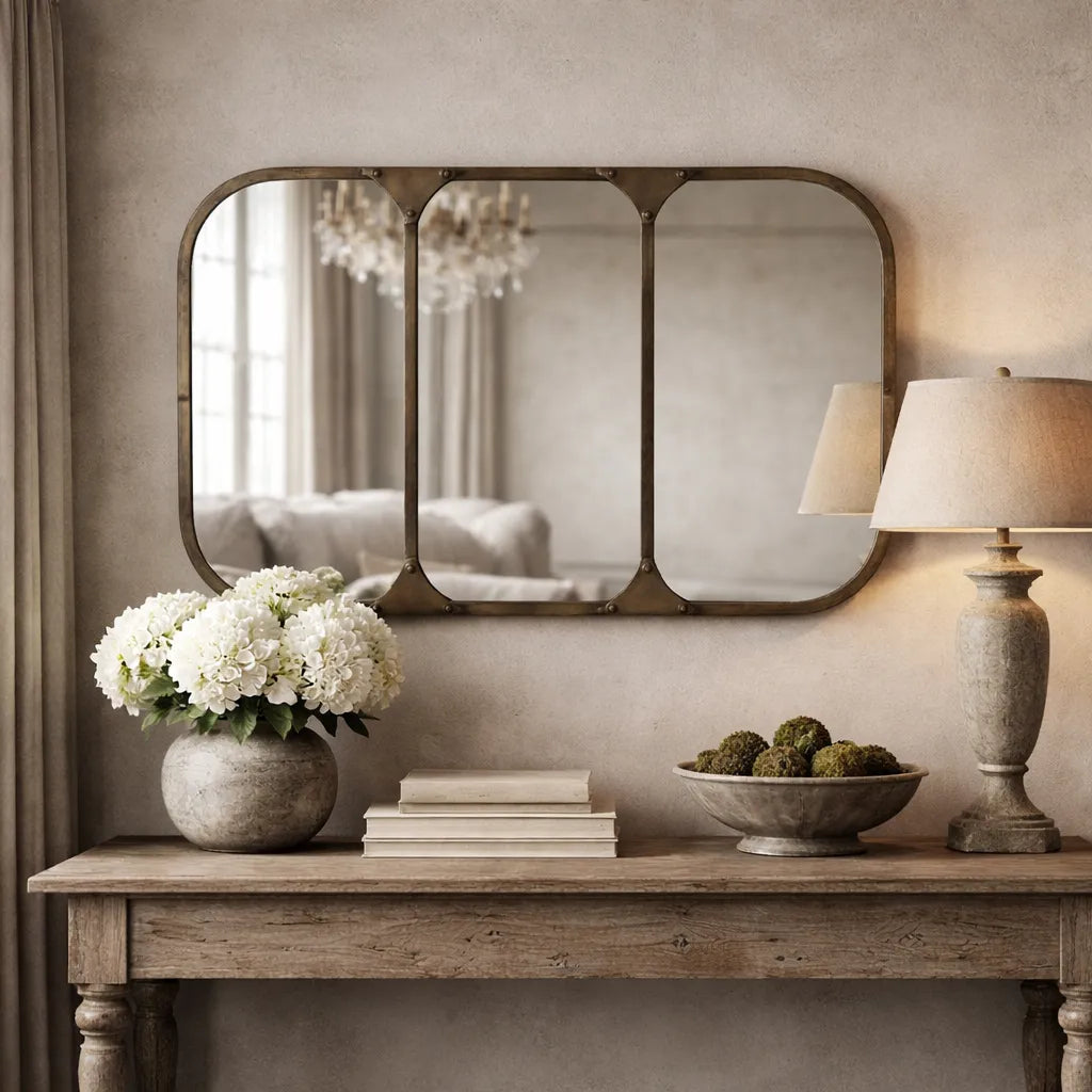 Decorative console table with a mirror, lamp, and decorative items against a neutral wall.