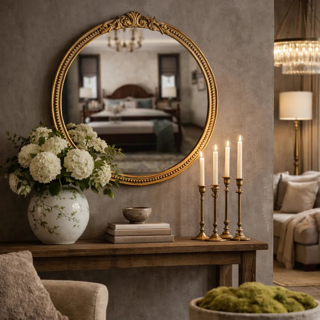 Decorative setup with a round gold-framed mirror, candles, and flowers in a living room.