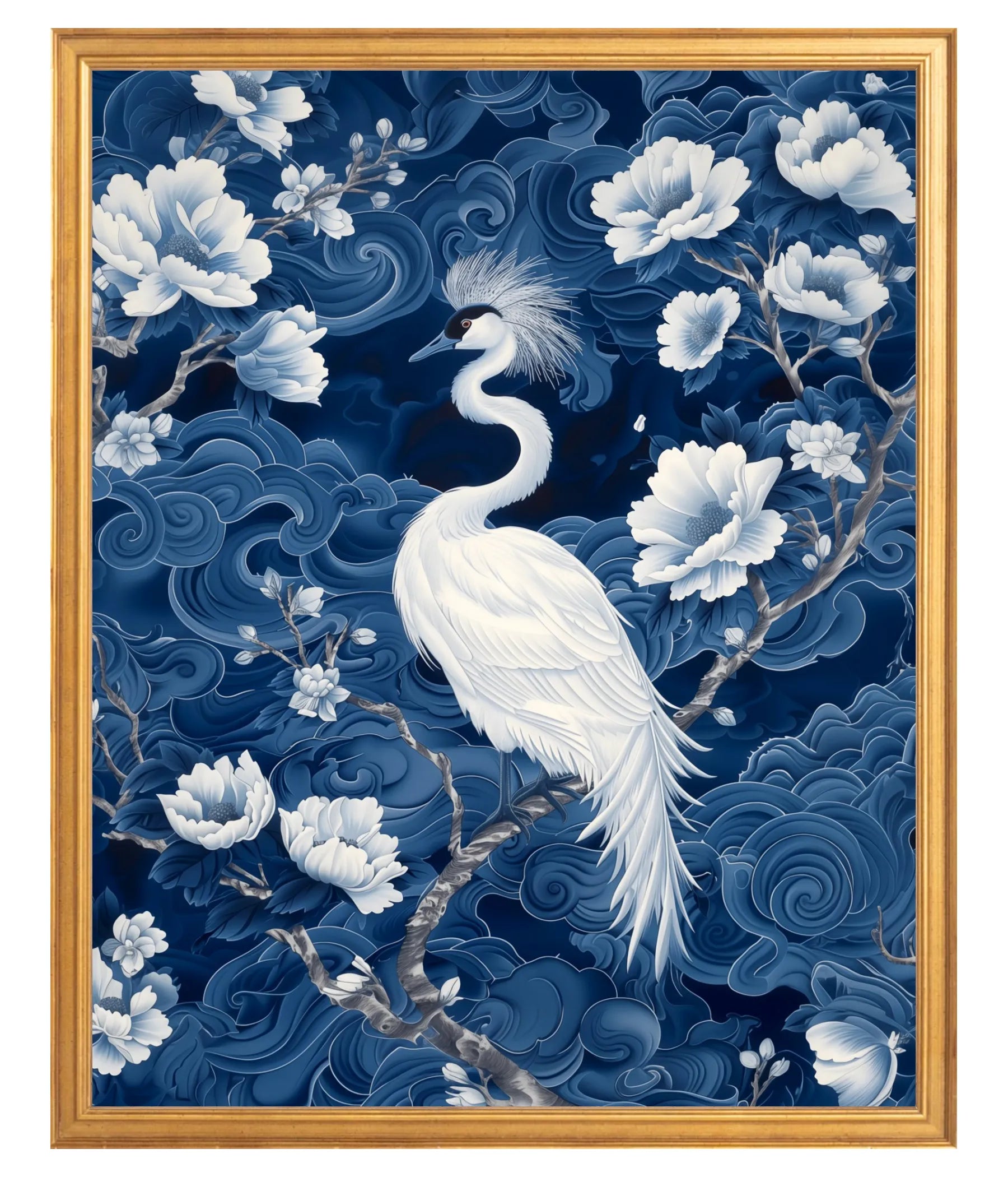 Framed Chinoiserie Crane Print – Blue & White Wall Art in Gold Frame