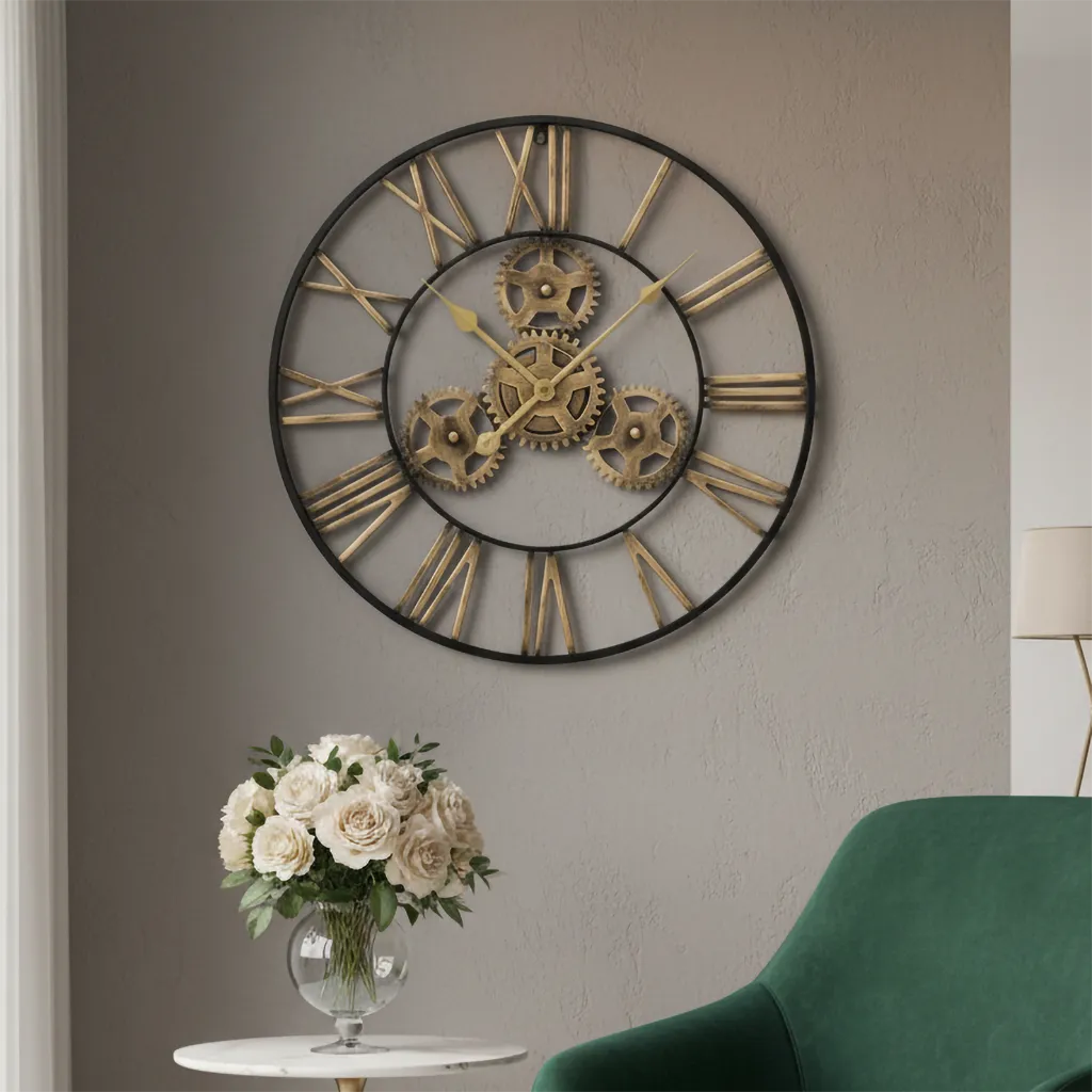 Decorative wall clock with gears on a wall, next to a table with flowers and a green chair.