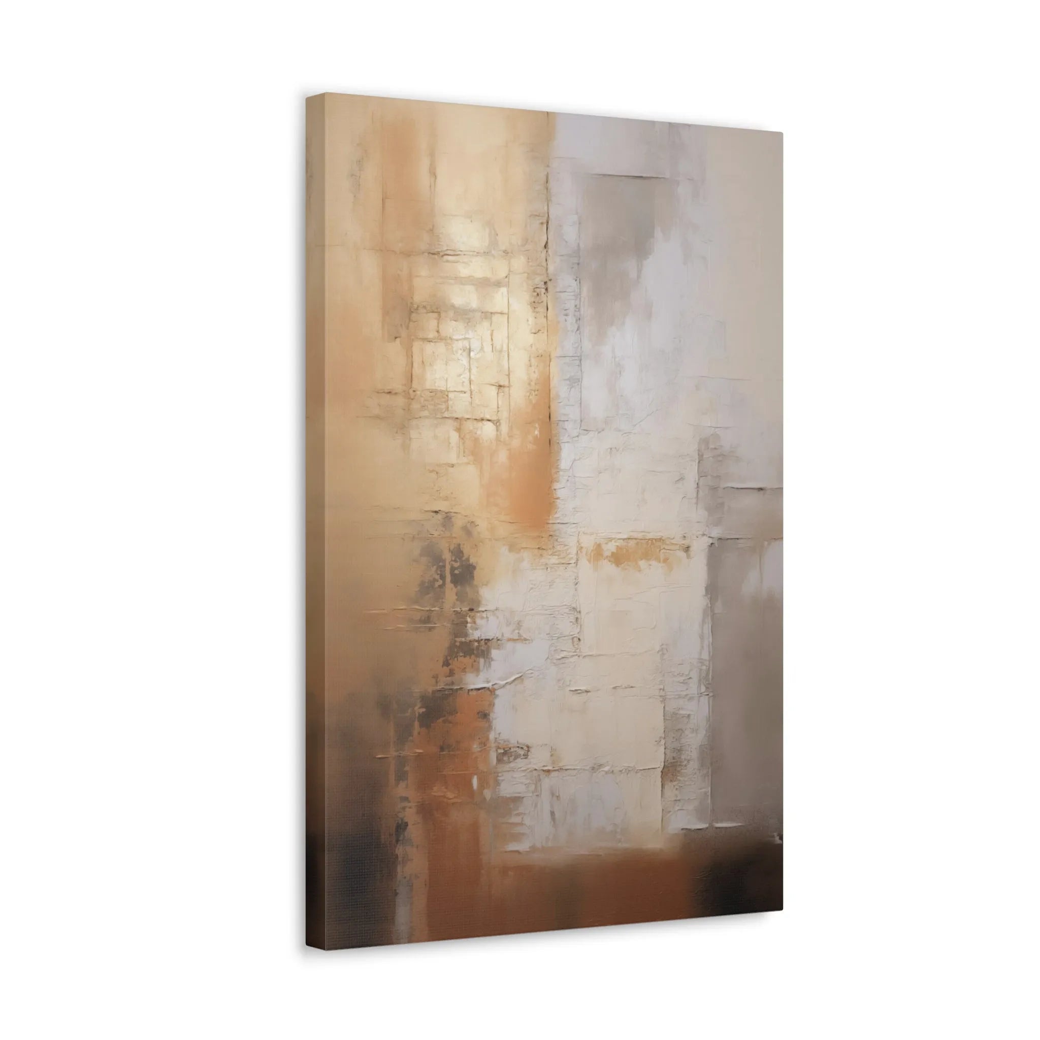 Abstract art painting with brown and beige tones on a white background side view