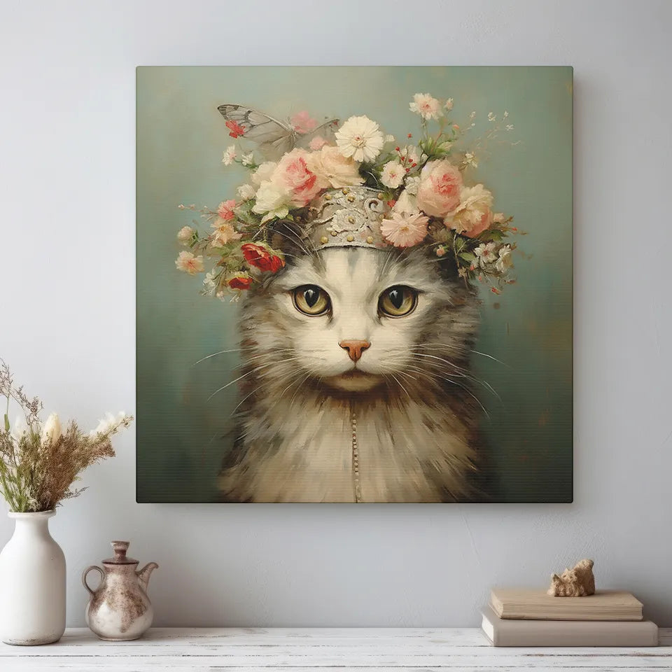 Canvas print of a cat with floral headpiece on a wall with decorative items below.