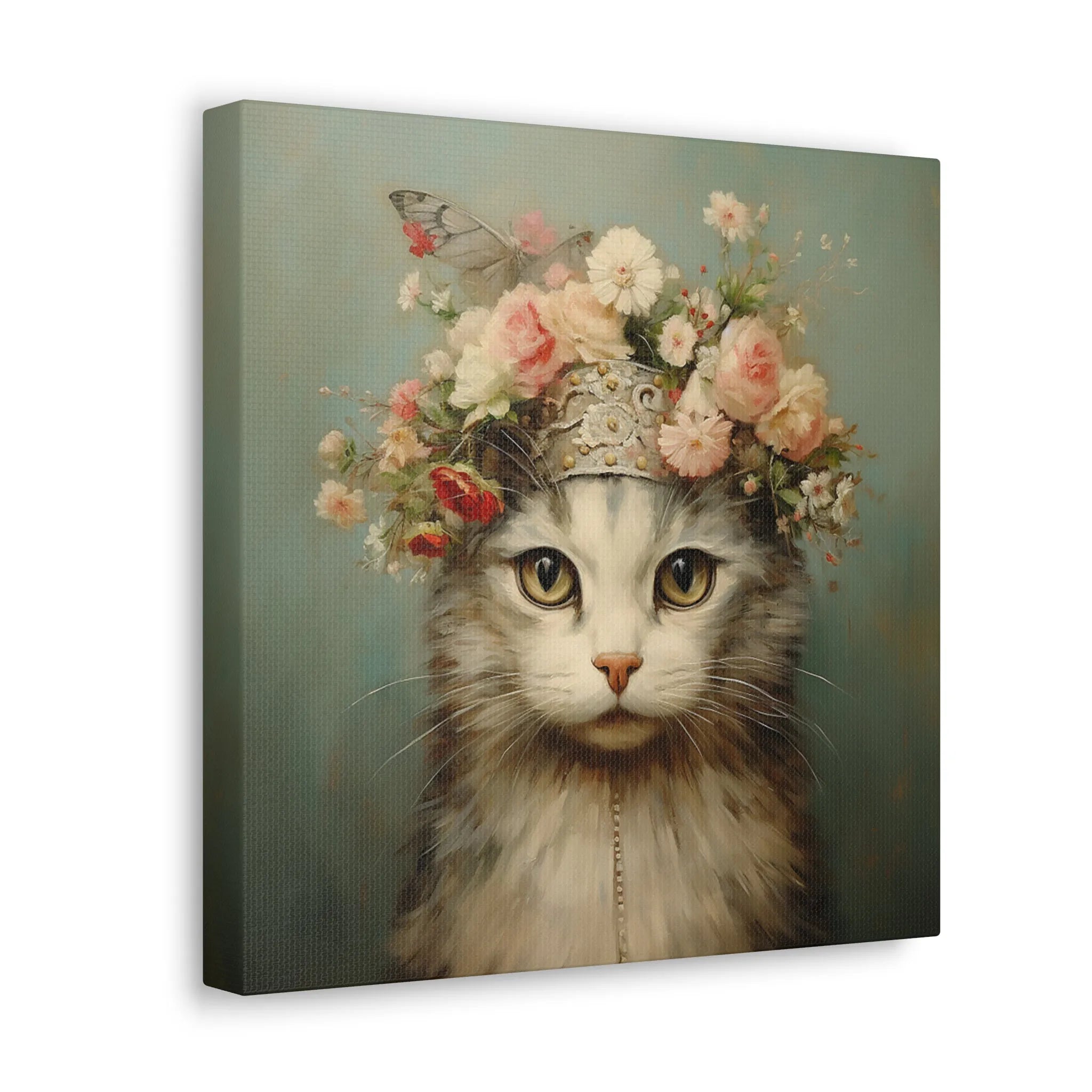 Canvas print of a cat wearing a floral crown on a green background side view