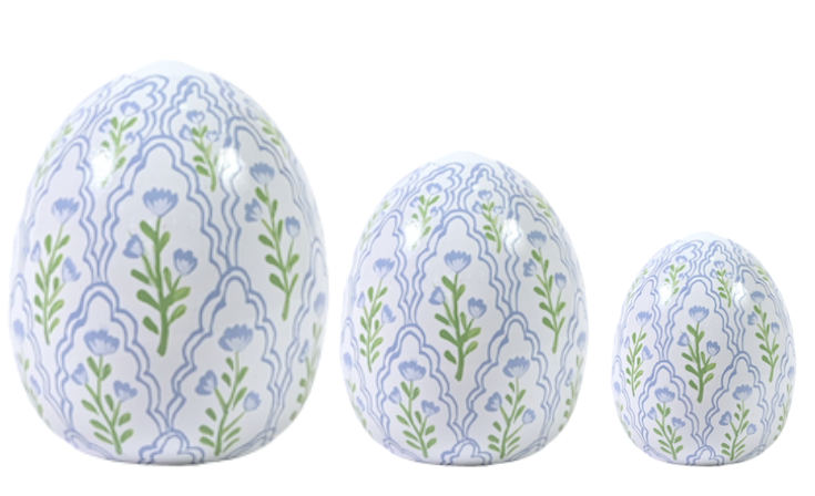 Three decorative eggs with floral patterns on a white background
