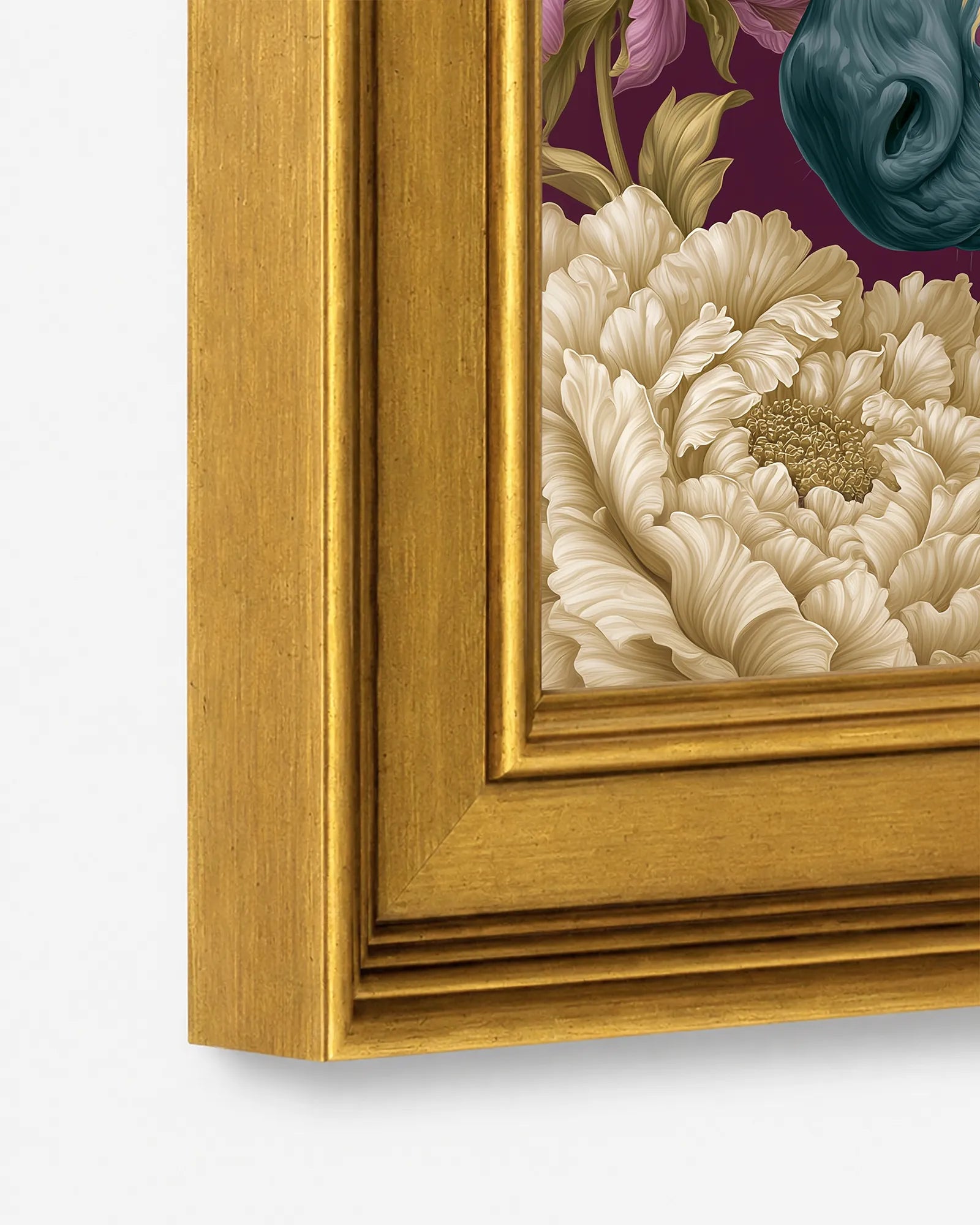 Close-up detail of the burnished antique gold wood frame used for Zebra in Plum Peonies framed wall art, showing the profile, finish, and craftsmanship.