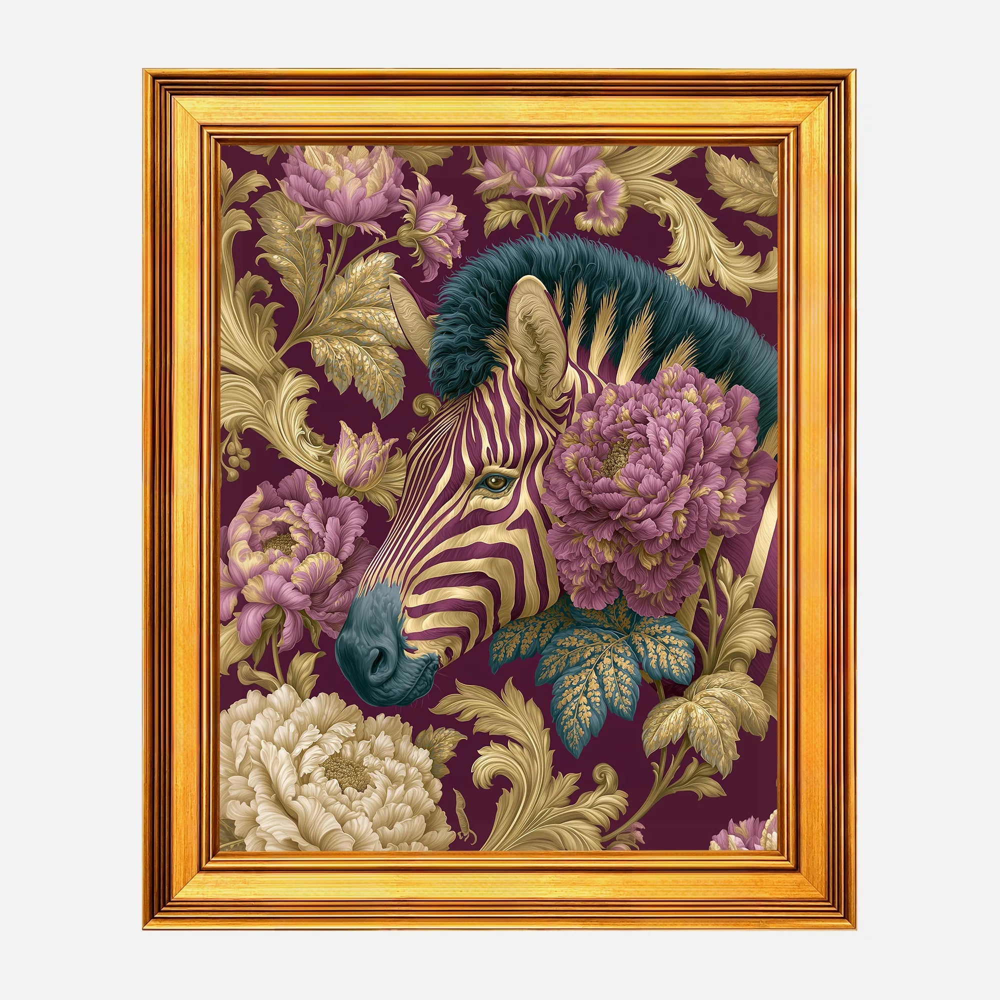 Zebra in Plum Peonies framed wall art in a burnished antique gold frame, 16 x 20 inch print size with 19.5 x 23.5 inch framed dimensions.