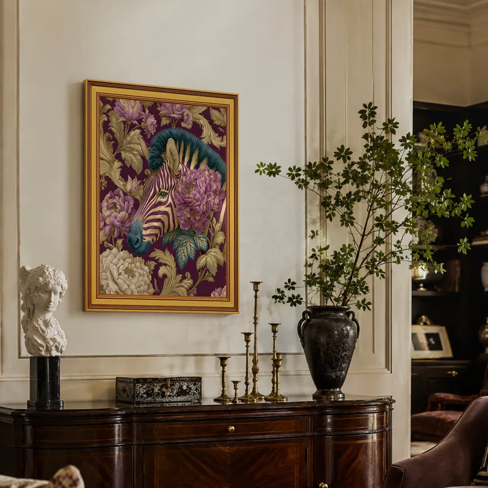 Zebra in Plum Peonies | Framed Zebra Wall Art