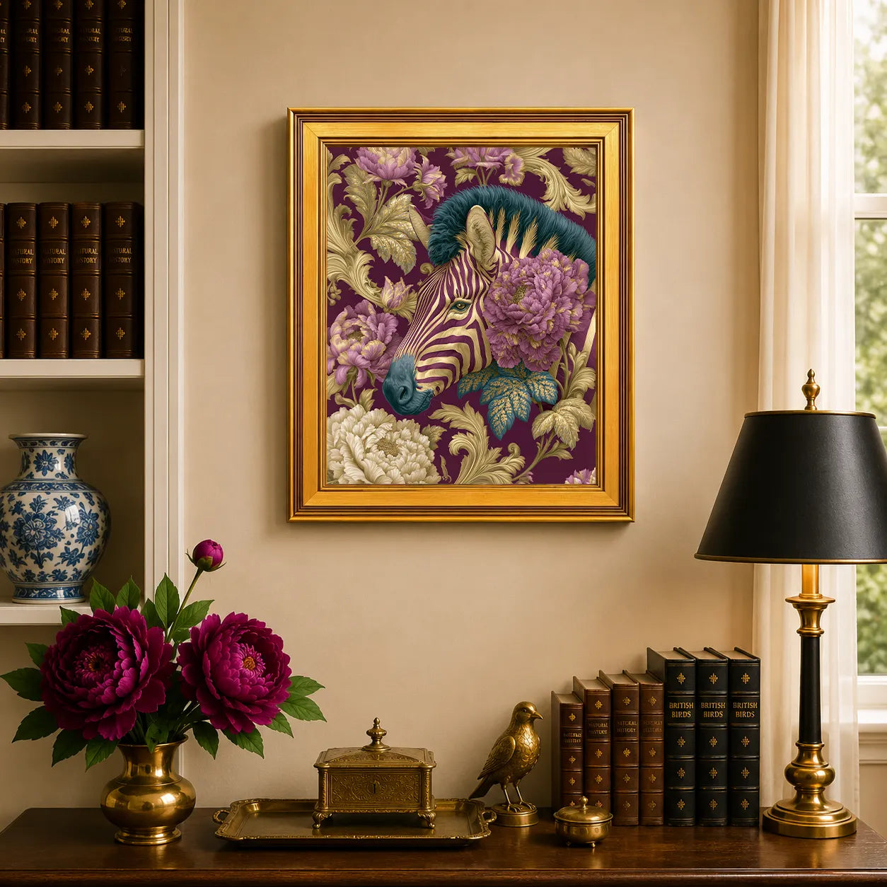 Zebra in Plum Peonies framed wall art displayed above a traditional desk with peonies, books, brass decor, and a burnished antique gold frame.
